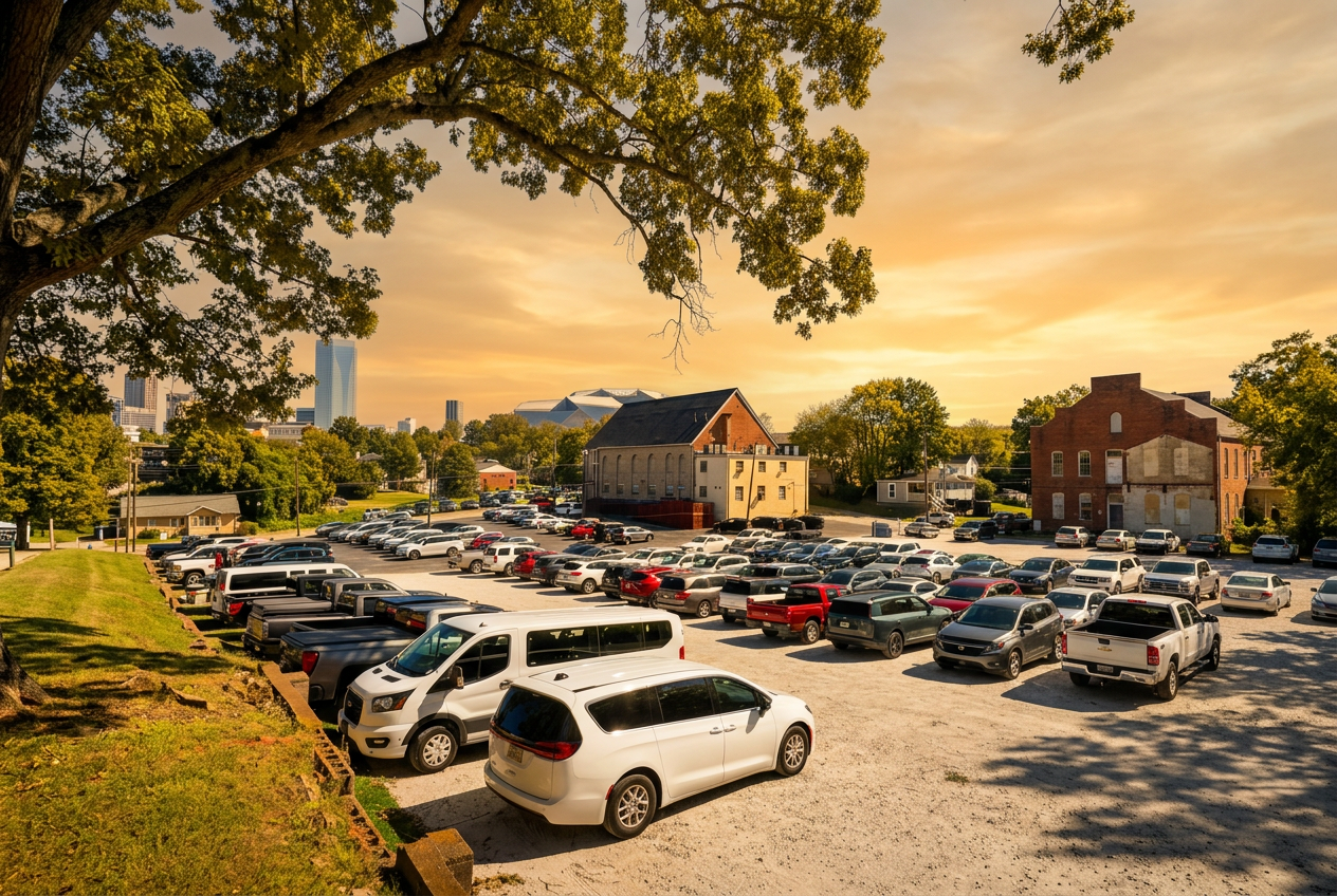 The LotLine parking lot with the downtown Atlanta skyline behind it